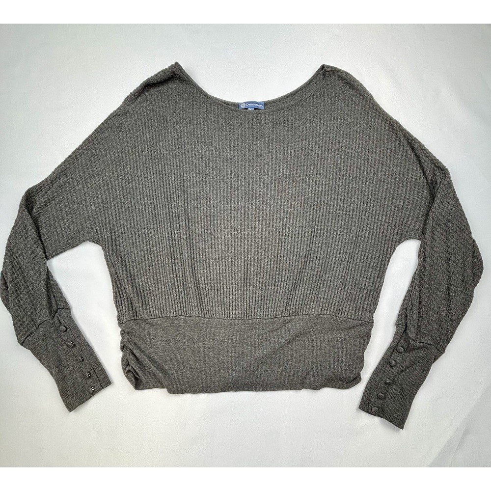 Democracy Top Women M Gray Waffle Knit Button Cuff Dolman Sleeve Casual Basic